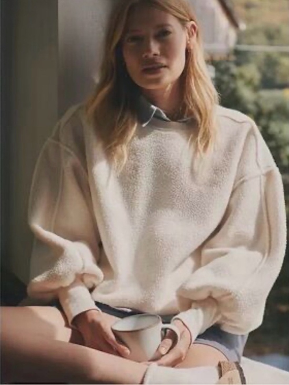 Pilcro Anthropologie Off White Sherpa Pullover Sweatshirt Balloon Sleeve M #2648